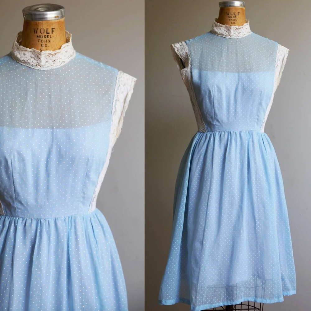 1960s 1970s Baby Blue Fit and Flare Polka Dot Dress with Lace Accents